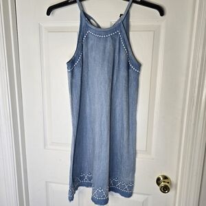 Blue Chambray Sleeveless Womens Dress With White Embroidery S